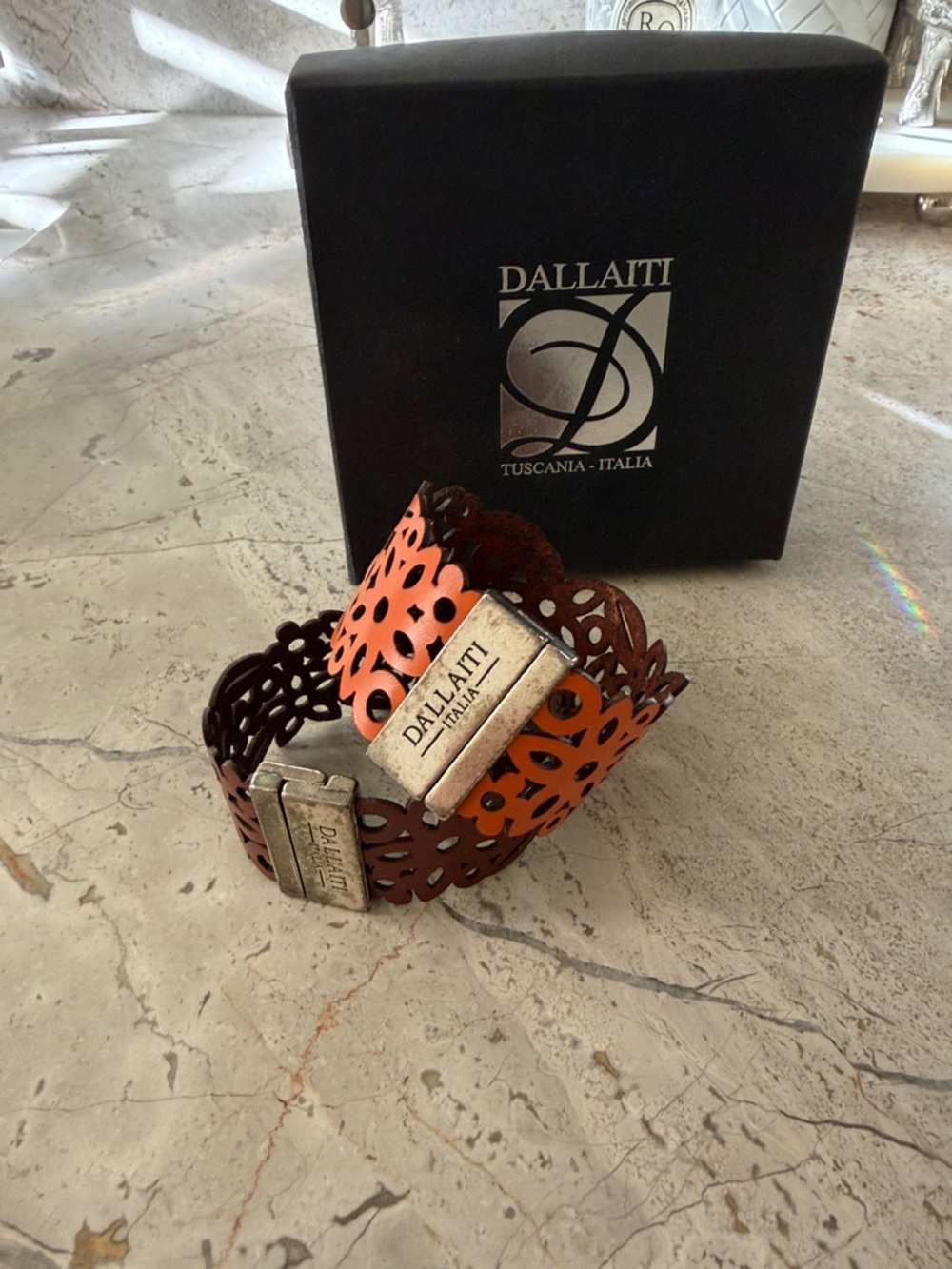 Dallaiti Leather Cutout Bracelet in Brown & Orange